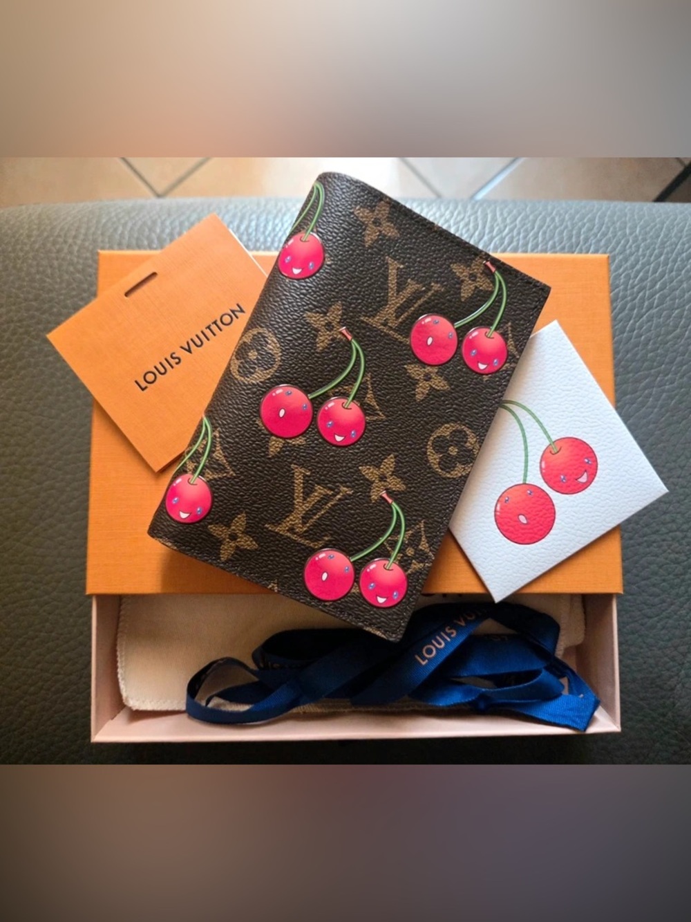 Louis Vuitton Brown Monogram Passport Cover with Pink Cherry Print